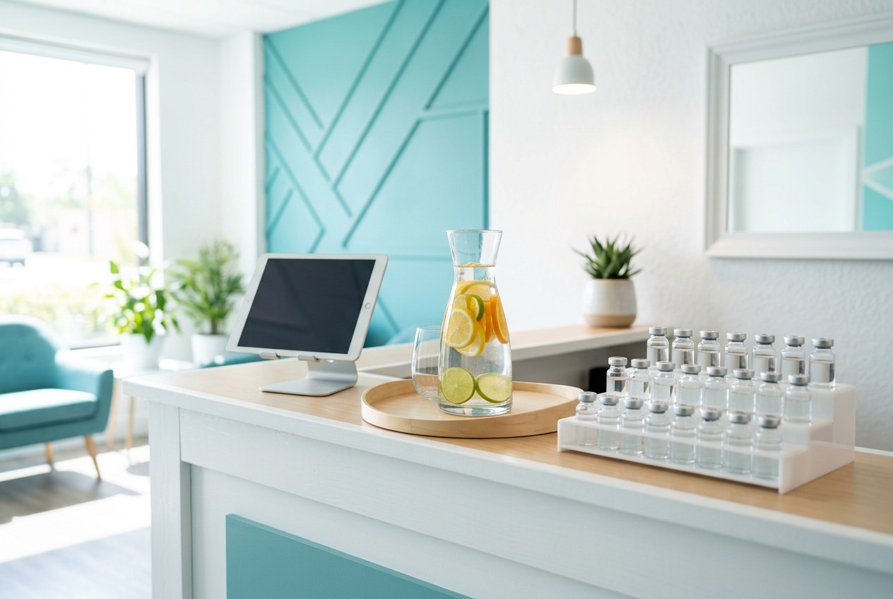 IV clinic front desk with vials and infused water